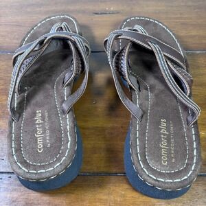 Comfort Plus by Predictions Thong Wedge Sandals Womens 11W Brown Strappy Casual